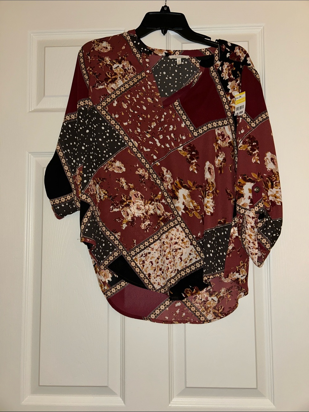 Maurices Burgundy Floral Patchwork V-Neck Blouse